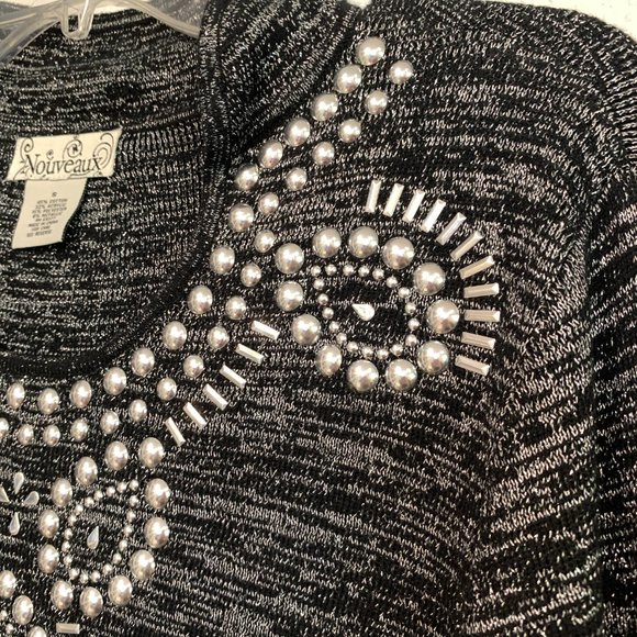 NWOT Nouveaux Black Pullover Sweater Studded Silver Metallic Thread Womens Small - Picture 6 of 7